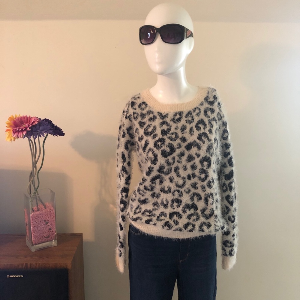 Mudd Animal Print Cheetah Fuzzy Crew Neck Sweater